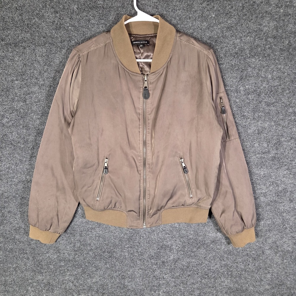 Kendall & Kylie Women M Satin Bomber Jacket Taupe Brown Zip MA-1 Streetwear